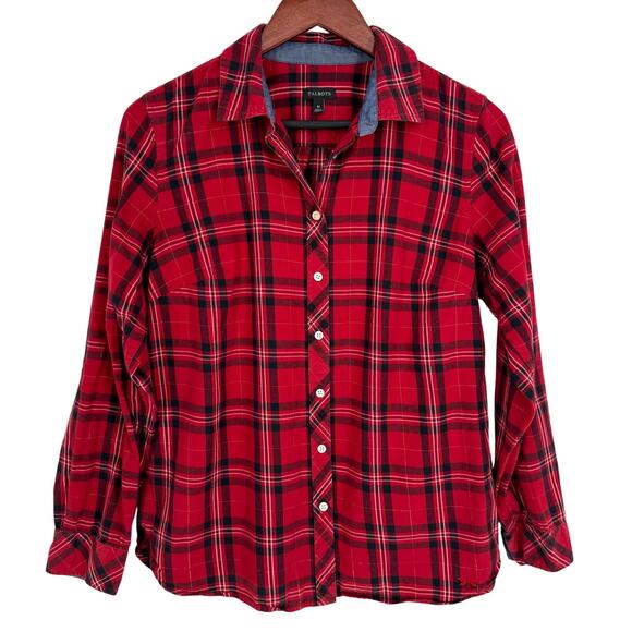 Talbots Medium Red Gold Metallic Plaid Long Sleeve Christmas Blouse Shirt TOp - Picture 1 of 7